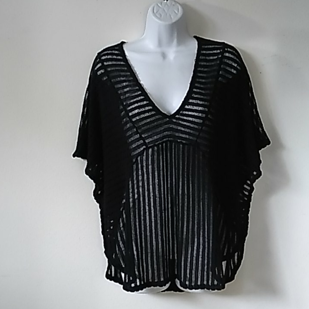 Black Crochet Sheer Stripe Swimsuit Cover up M